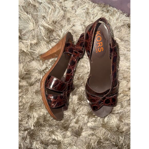 KORS Michael Kors Shoes - KORS Michael Kors Brown Crocodile Embossed Slingback Heels Sandals with Lug Sole